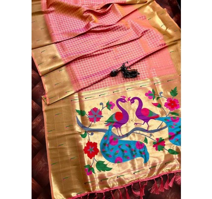 Unique Style Litchi Silk Chex Paithani Saree with attractive Pallu & Superb jalar