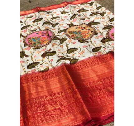 New Designer Soft Banarasi Silk Kalamkari Block Print Designe Party Wear Saree