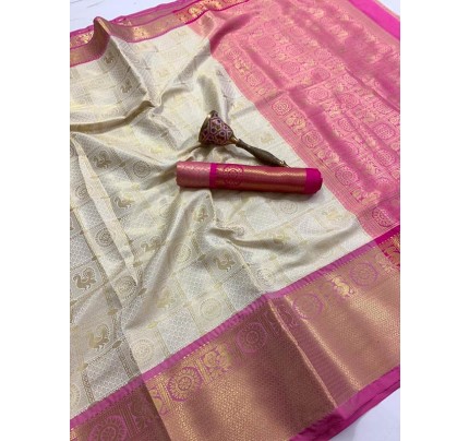 Gorgeous Kanchipuram Handloom Weaving Silk Saree with Rich Contrast Zari Wooven Pallu