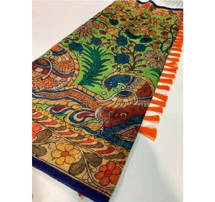 Stunning Look Linen Fabric Indigo With Kalmkari Digital Print