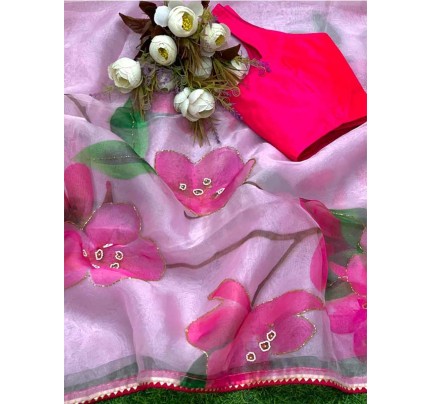 Pure Soft Organza Silk Sarees With Beautiful Handwork Khatli On Floral Prints 