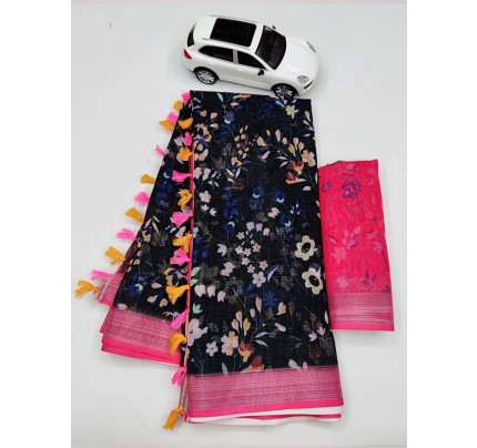 Stunning Look Linen Printed Saree with Silver Zari Patta & Latkan  