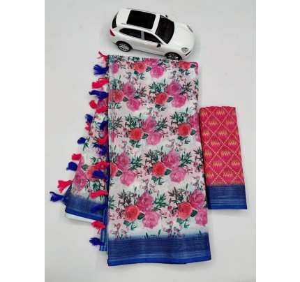 Stunning Look Linen Printed Saree with Silver Zari Patta & Latkan  