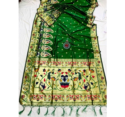 Gorgeous Look Green Paithani Silk Saree with Jacquard weaving border
