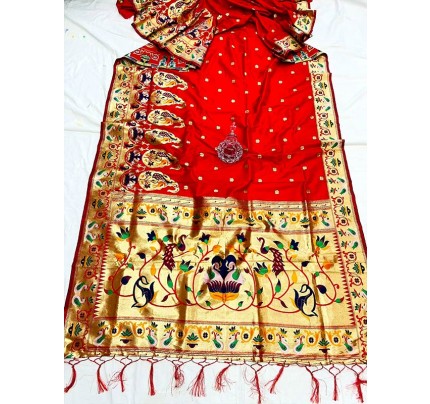 Gorgeous Look Red Paithani Silk Saree with Jacquard weaving border