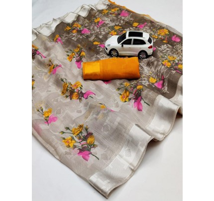 Finnest Look Cotton Linen Printed Saree with Satin Patta