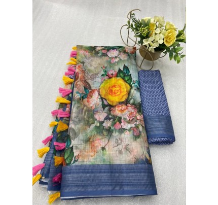 Festival Look Linen Printed Saree Latkan with Silver Zari Patta 