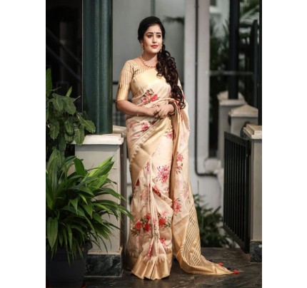 New Trending Pure Linen weaving Digital Printed Saree with zari woven temple border