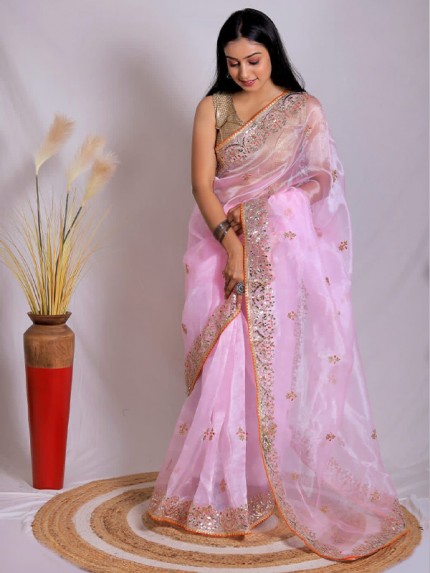 Embellished Designer Organza Saree with gota work AllOver & Sattin silk Blouse