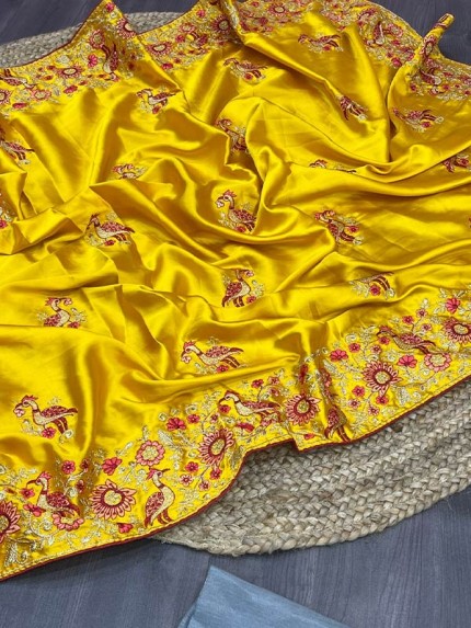 Fabulous Sattin Silk Saree with embroidery work Rich Pallu