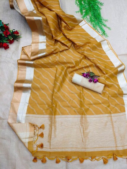 Traditional Linen Silk weaving Saree with shining strip hand print