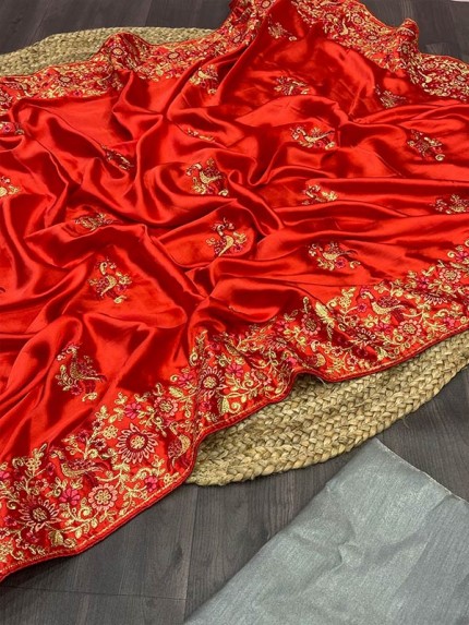 Fabulous Sattin Silk Saree with embroidery work Rich Pallu