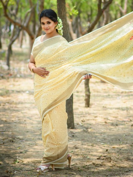 Beautiful Look Pure Linen weaving Saree with zari woven border and pallu an exclusive tassels 