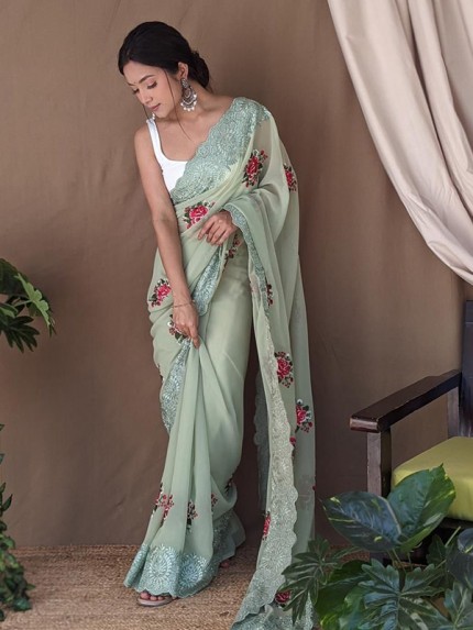 Latest Designer Georgette Silk Saree with floral work & banglori silk blouse