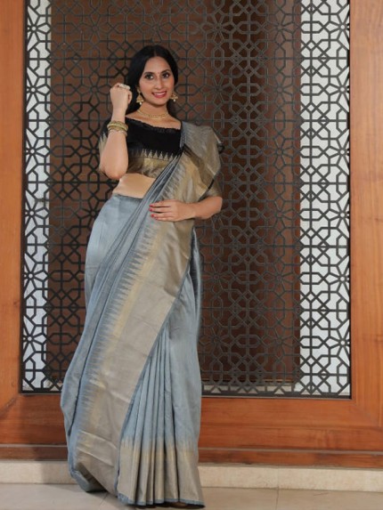 Exclusive Look Raw Silk weaving Saree with Temple woven border