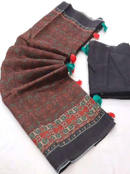  Chanderi cotton with Beautiful ajrakh & Designer Print Saree