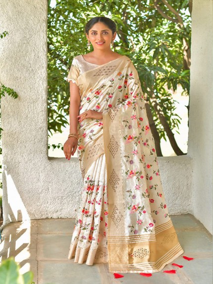 Stunning Look Mysore Silk Embroidered Cutwork Saree with Unique styling on border and Swarovski Diamond