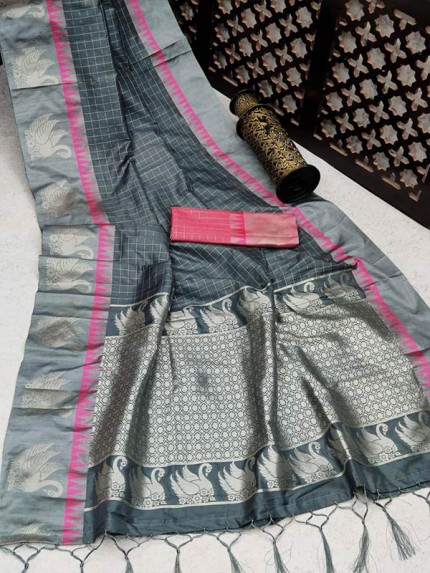 Checks Style Soft Raw Silk Saree with Silver Zari Checks AllOver