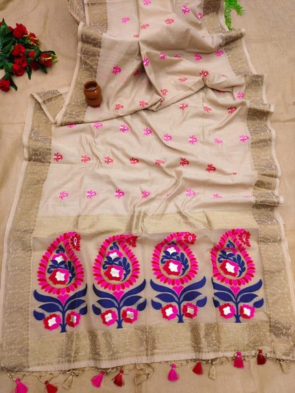 Pretty Look Pure Linen Saree with both ends zari weaved Banarasi borders & Meenakari weaved tissue Pallu