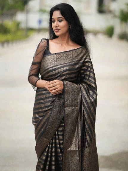 Stunning Black  color Lichi Silk weaving Jacquard Saree