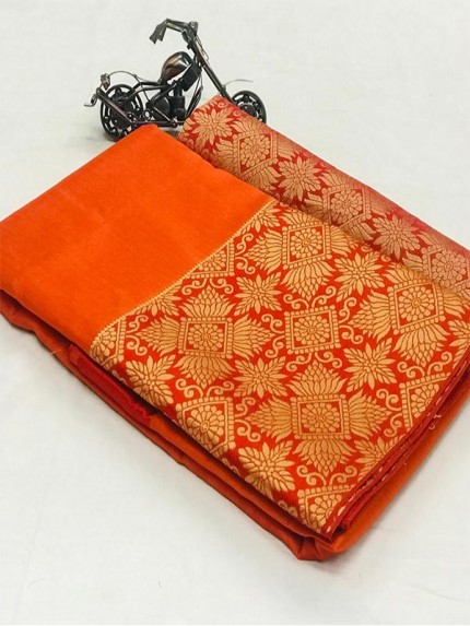 Stunning Orange Color silk saree with weaving jacquard border 