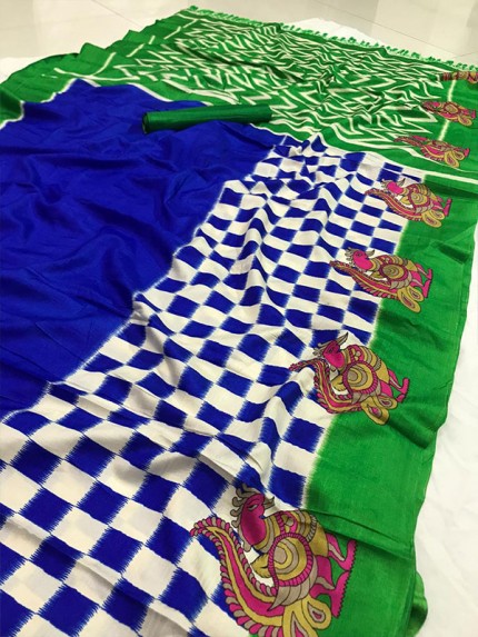 Beautiful Semi Handloom Linen Chanderi Sarees With Pochampally Kalmkari Saree