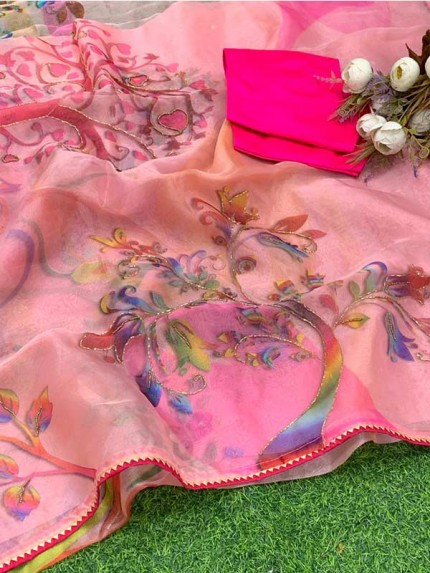 Pure Soft Organza Silk Sarees With Beautiful Handwork Khatli On Floral Prints 