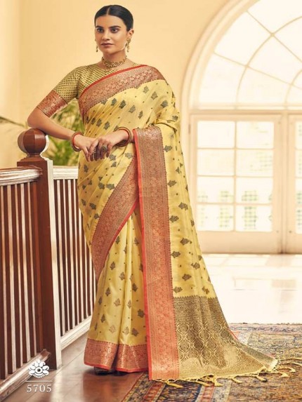 Yellow Colour Tussar Silk weaving Saree