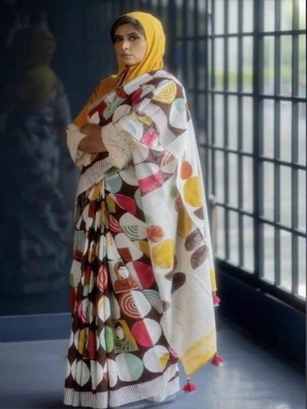 Festival Look Linen Printed Saree Latkan with Silver Zari Patta 