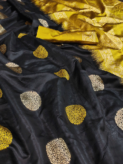Stunning Black color Lichi Silk weaving Jacquard Saree
