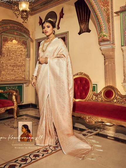  Beautiful White Color Soft Handloom Weaving silk with Copper Zari