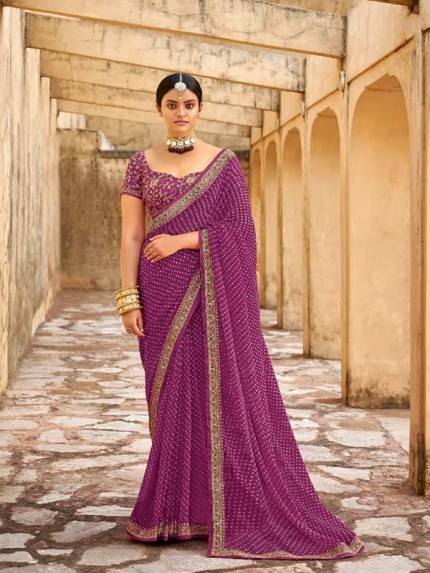  Purple  Georgett Embroidery Border With Embroidery Blouse Saree