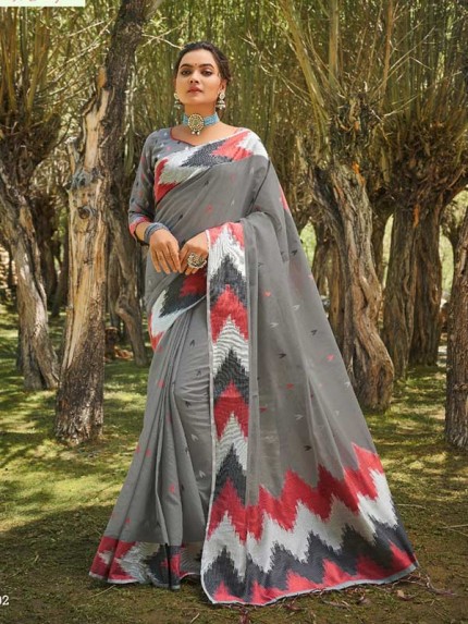 New Designer Grey Colour  Soft Cotton With Designer Ikkat Pattern Border & Pallu Saree