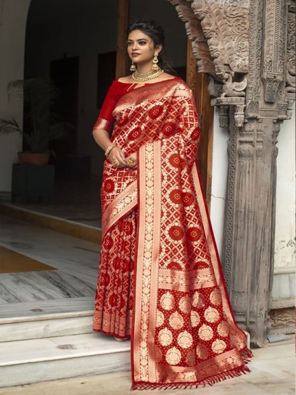 Attractive Look Pure Banarasi Silk Saree with Bandhani type meenakari woven pattern