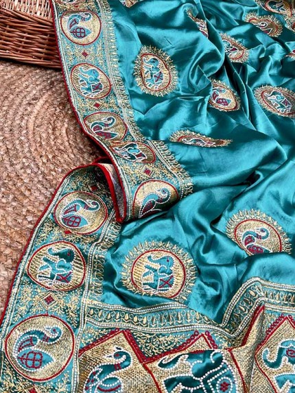 Stunning Look Satin Silk Saree with embroidery work & Zari Border 