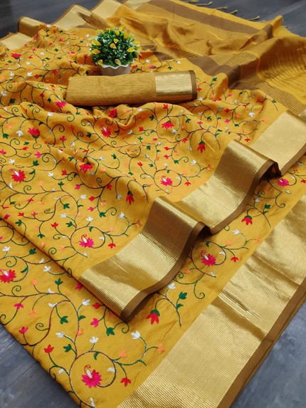 Ikkat Style Aasam Silk Saree with Embroidered jal work with Unique Zari Woven border