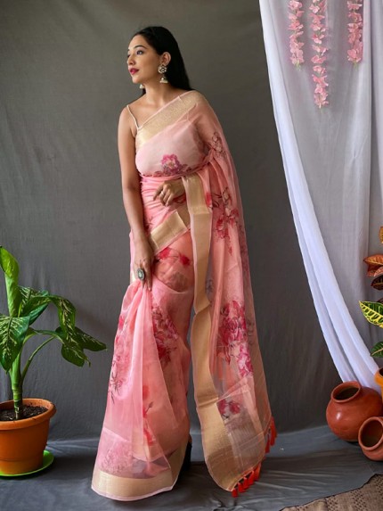 Floral Style Organza Printed Saree with Elegant Zari Weaving Rich Pallu