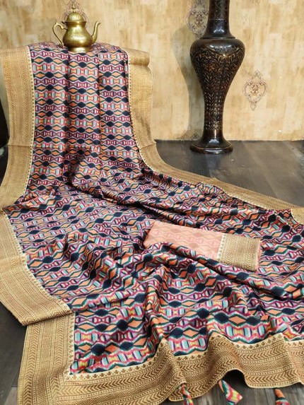 New Eye Catcher Tussar Silk Printed Saree with Lace Border & fancy tassels Pallu