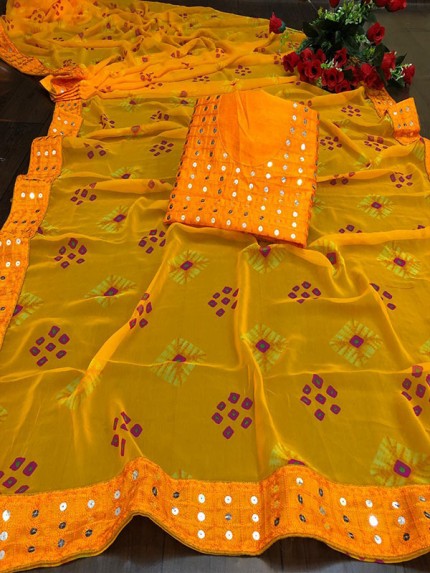 Designer Look Yellow Georgette Bandhani Saree with border work
