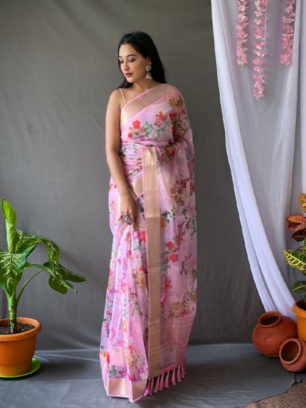 Floral Style Organza Printed Saree with Elegant Zari Weaving Rich Pallu