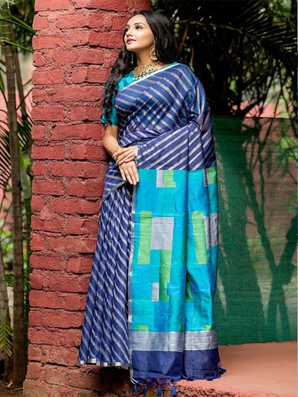 Classic Look Linen Silk weaving Saree with Silver zari woven Strips