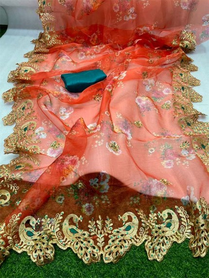 Fancy Look Multi Color Organza embroidery Saree with hand Stone work