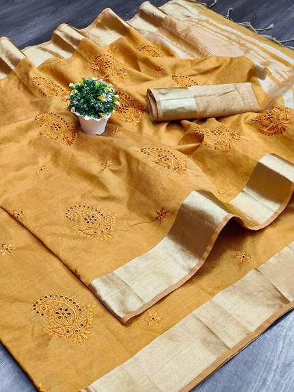 Fabulous Aasam Silk Saree with embroidered work allover & zari border