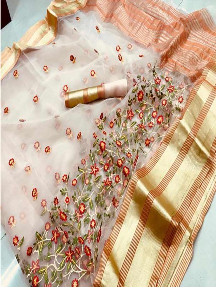 Trending Orange Colored Organza Silk Saree With Kashmiri Embroidery Work With Contrast Lining Pallu
