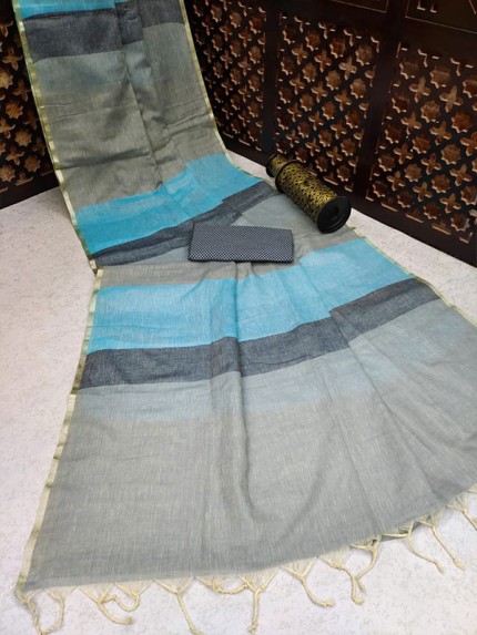Pretty Look Pure Linen Saree with zari woven border with jacquard blouse