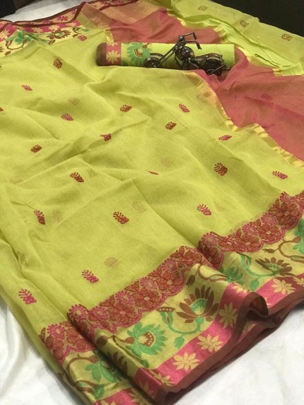 Wedding Look Green Colored Pure Cotton Saree with Rich Pallu And Jekard Border