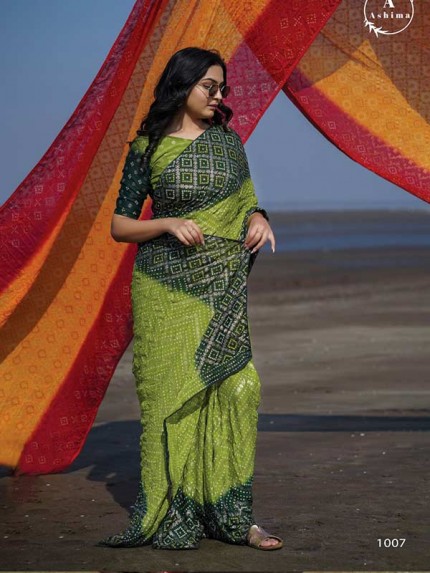  Beautiful Green Color Moss with foil  Bandhni foily Saree