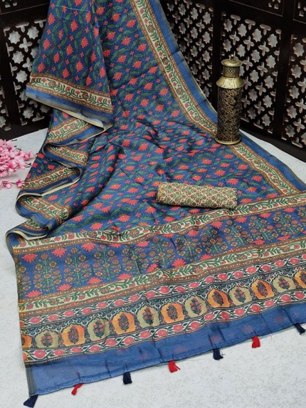 Mul Linen Cotton Saree With Beautiful Prints All Over With Woven Border With Contrast Blouse Piece
