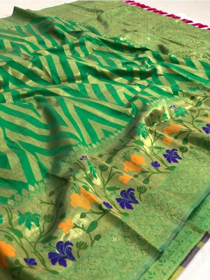 Wedding Look Green color Pure Jacquard Fabrics With Resham Zari Work Saree
