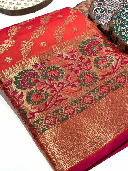 Stylish Look Red Colour Soft STon Banarasi Silk Geometric Designer Saree